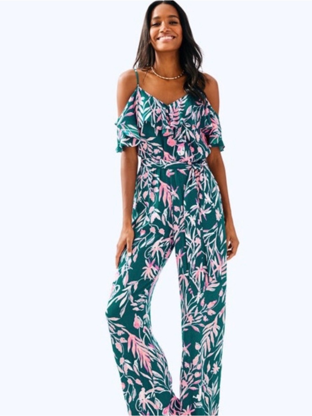 Lilly Pulitzer Emilea Tidal Wave Cold Shoulder Ruffle Tie Floral Jumpsuit Size S